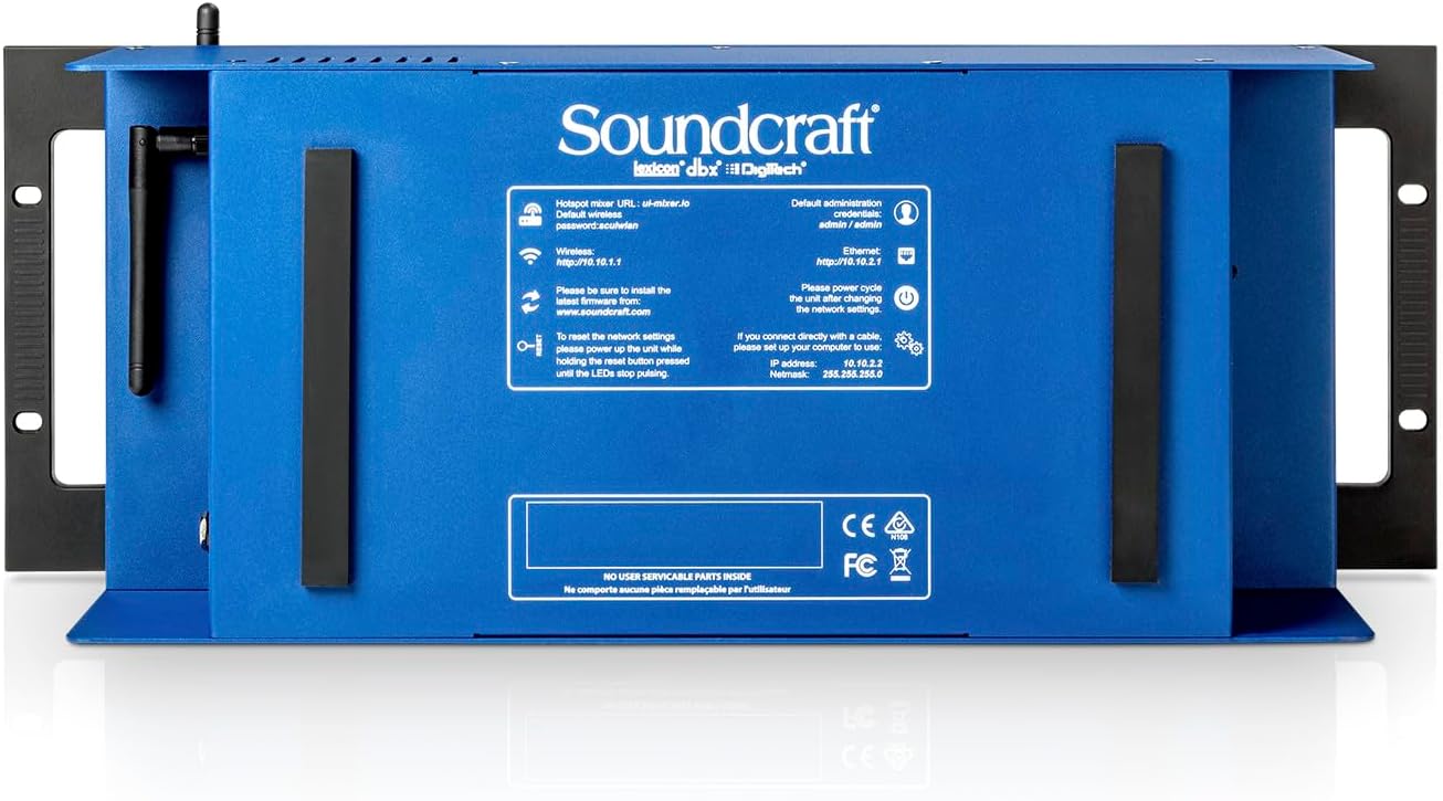 Parte inferior da Soundcraft UI24R com instruções de rede e antena Wi-Fi