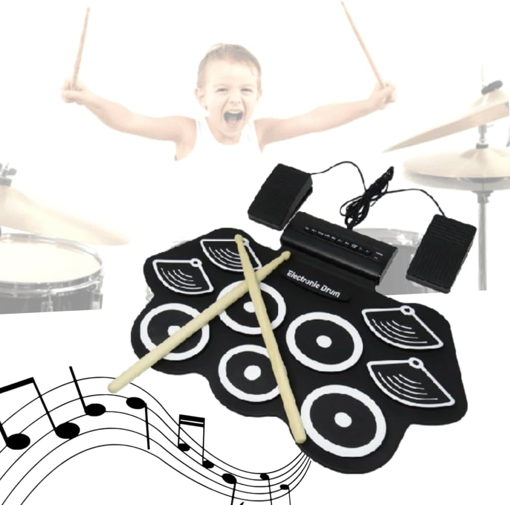 Bateria eletrônica portátil preta com 9 pads, baquetas e pedais, com criança feliz ao fundo e notas musicais ilustrativas.