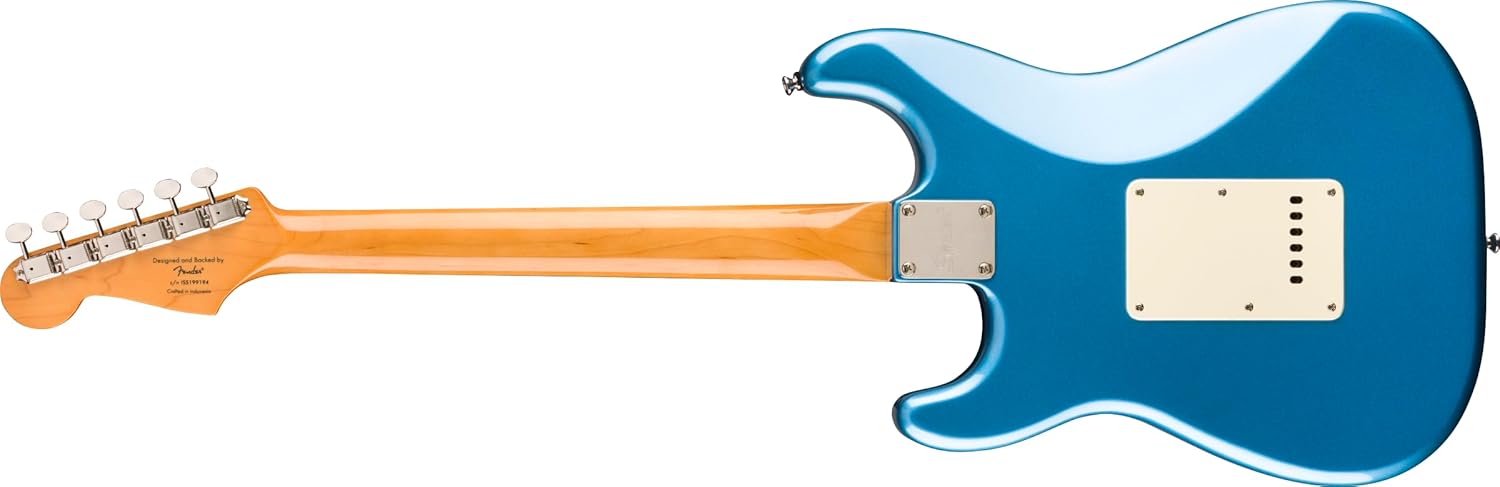 Parte traseira da guitarra Squier Classic Vibe '60s Stratocaster azul metálico mostrando o braço e corpo com acabamento brilhante.