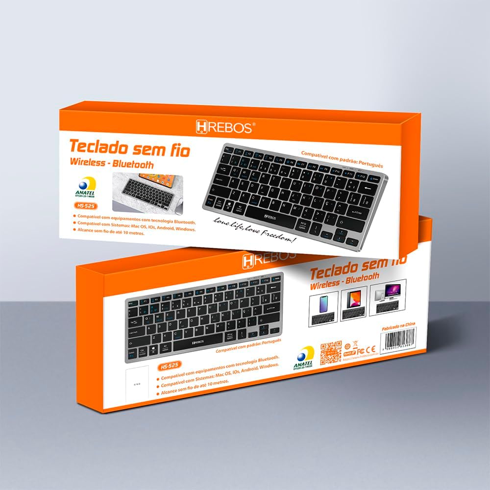 Embalagem do Teclado Hrebos Bluetooth ABNT2 Compacto e Ergonômico Sem Fio, destacando o produto e informações de conexão sem fio.