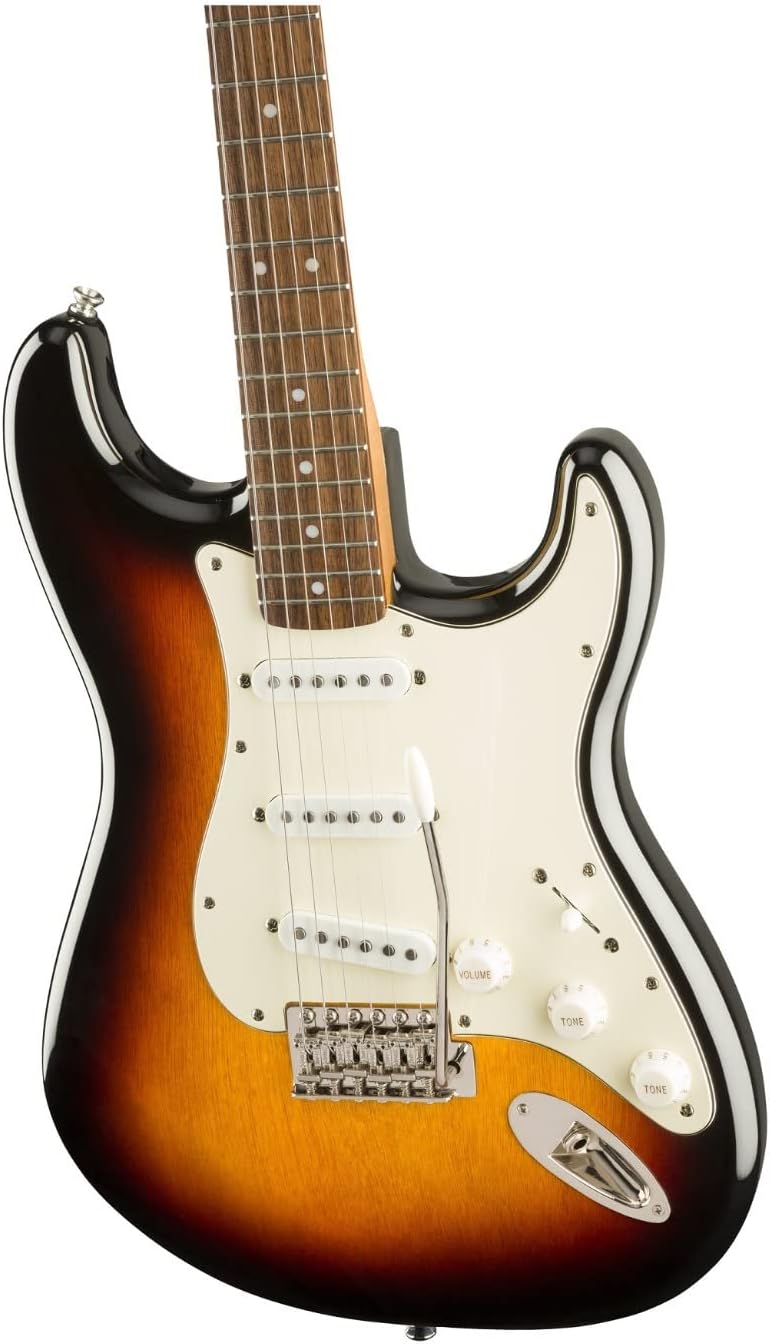 Guitarra elétrica Squier Classic Vibe '60s Stratocaster corpo Sunburst com captadores single-coil e controles brancos.