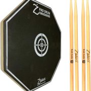 Pad de estudo Zaidan's 12" preto octogonal com alvo branco e quatro baquetas de madeira Basic Series