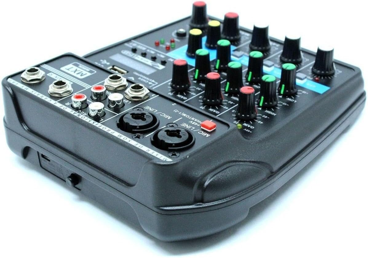 Mesa de som MXT profissional com 4 canais, Bluetooth, efeitos e conexões USB, vista lateral