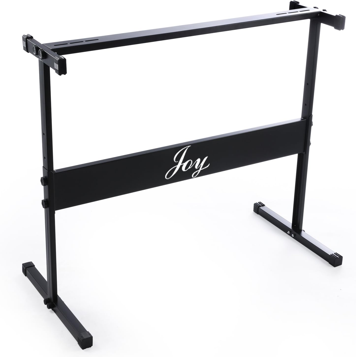 Suporte metálico preto ajustável com logo Joy para teclado eletrônico.