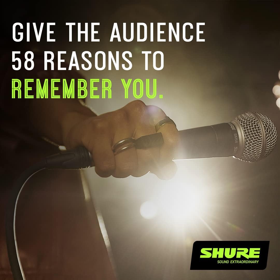 Imagem publicitária do microfone Shure SM58S com slogan para apresentações ao vivo