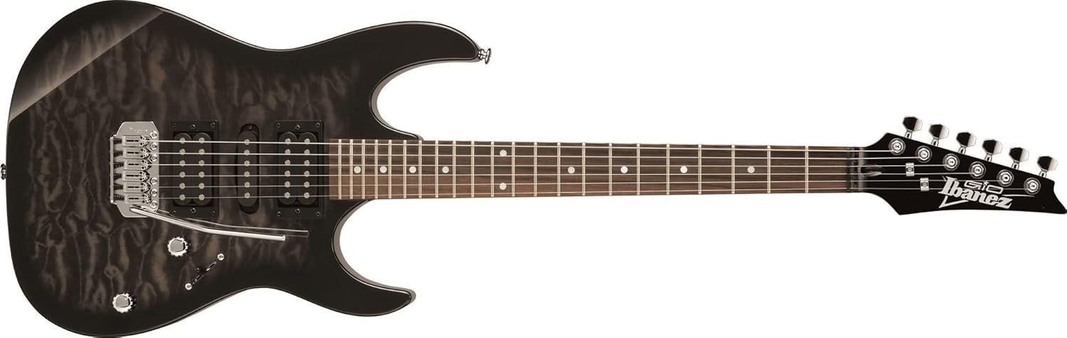 Ibanez GRX70QA TKS guitarra elétrica preta com corpo Quilted Maple, captadores H-S-H e ponte tremolo cromada vista lateral