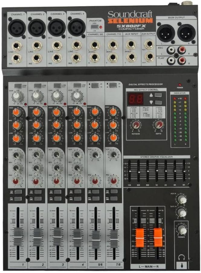 Mesa de som Soundcraft SX-802-FX-USB com entradas XLR, equalizador gráfico e processador digital