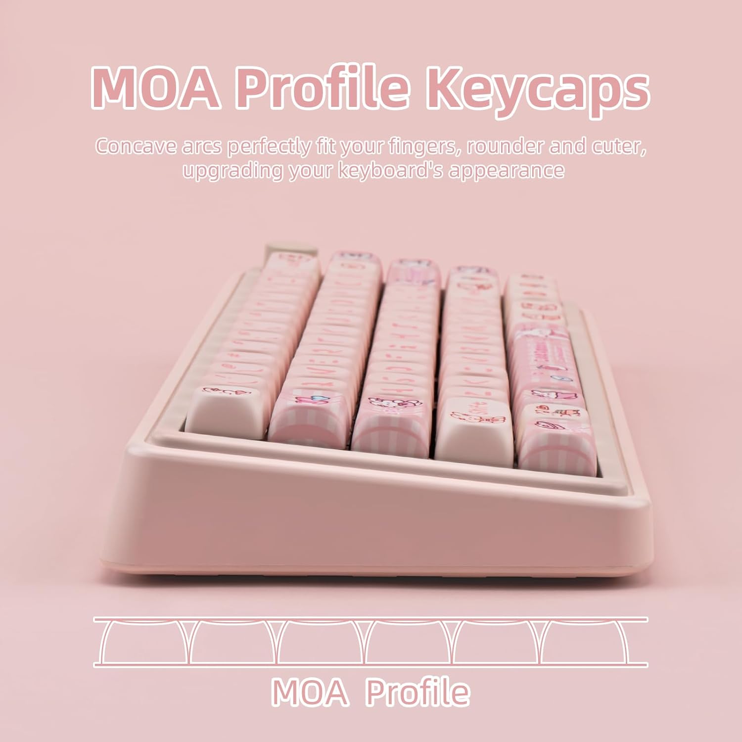 Teclas perfil MOA rosa para teclado com design côncavo e arredondado para melhor conforto e aparência.