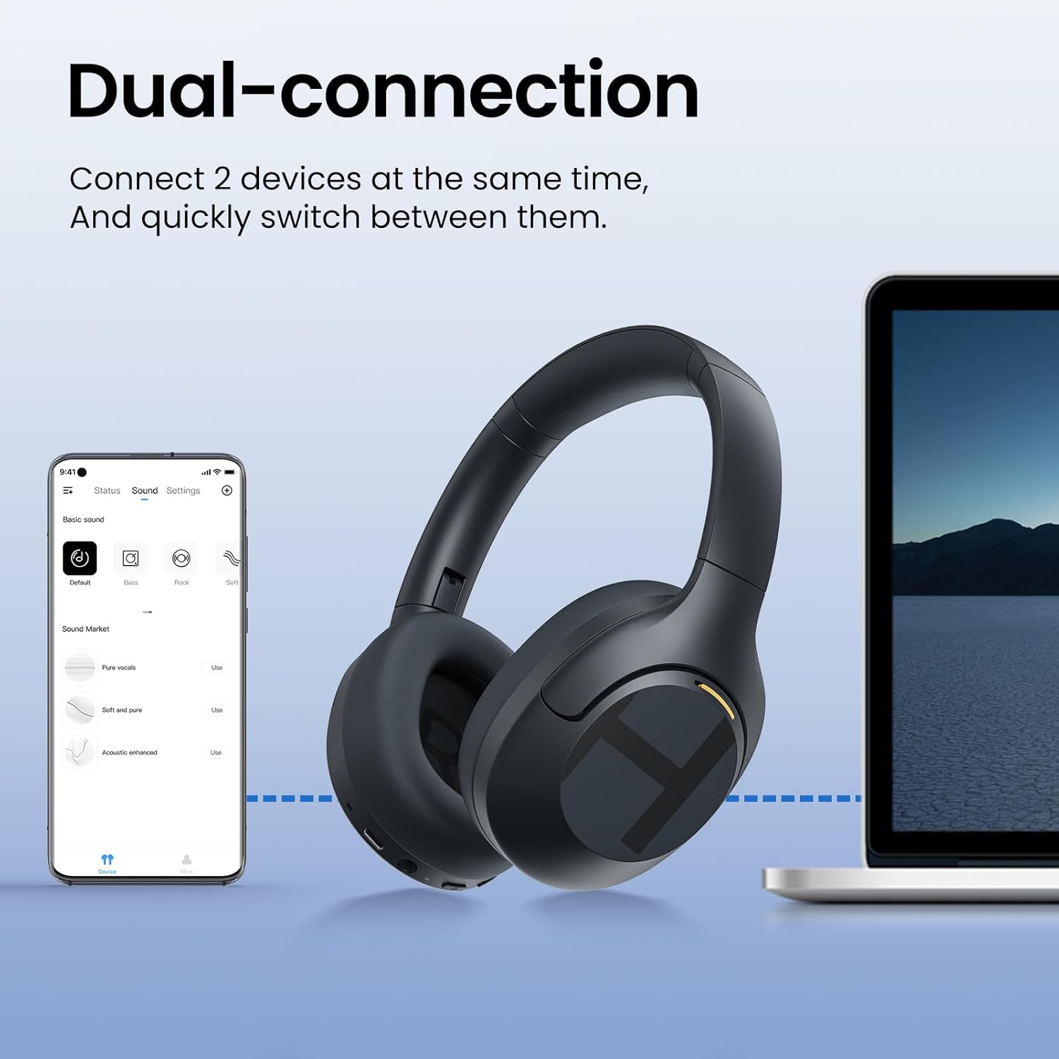 Fones Haylou S35 com função de conexão dupla simultânea a dois dispositivos.