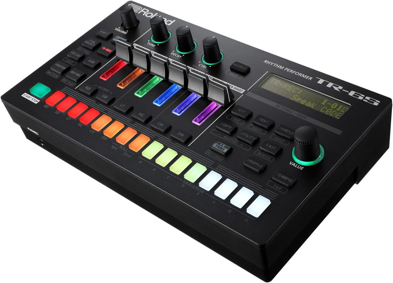 Roland TR-6S bateria eletrônica compacta vista angular mostrando controles coloridos e tela LCD.