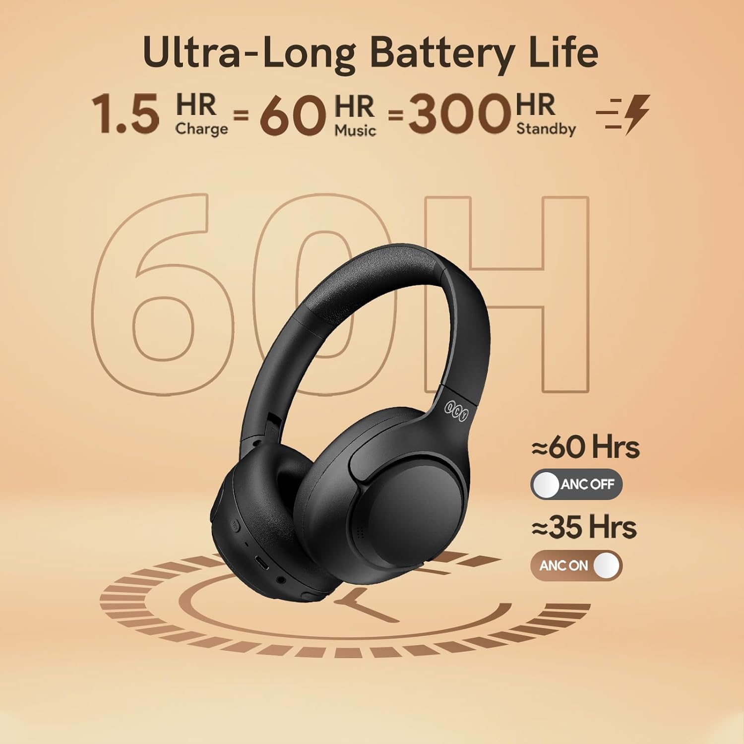 Fone QCY H3 ANC com bateria de longa duração, até 60 horas de música e 300 horas em standby