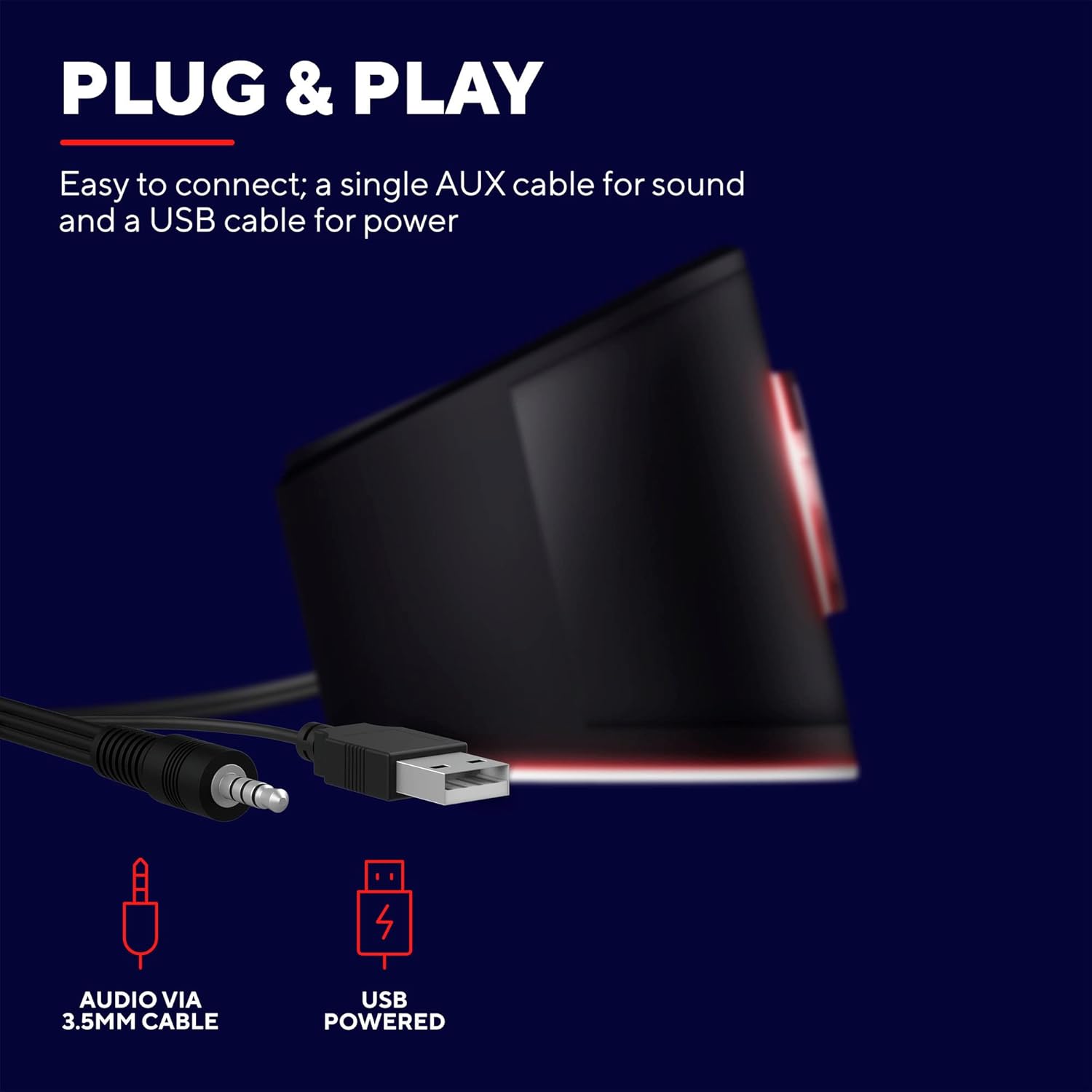 Trust GXT 619 Thor Soundbar plug & play com cabo AUX 3.5mm para áudio e cabo USB para alimentação.