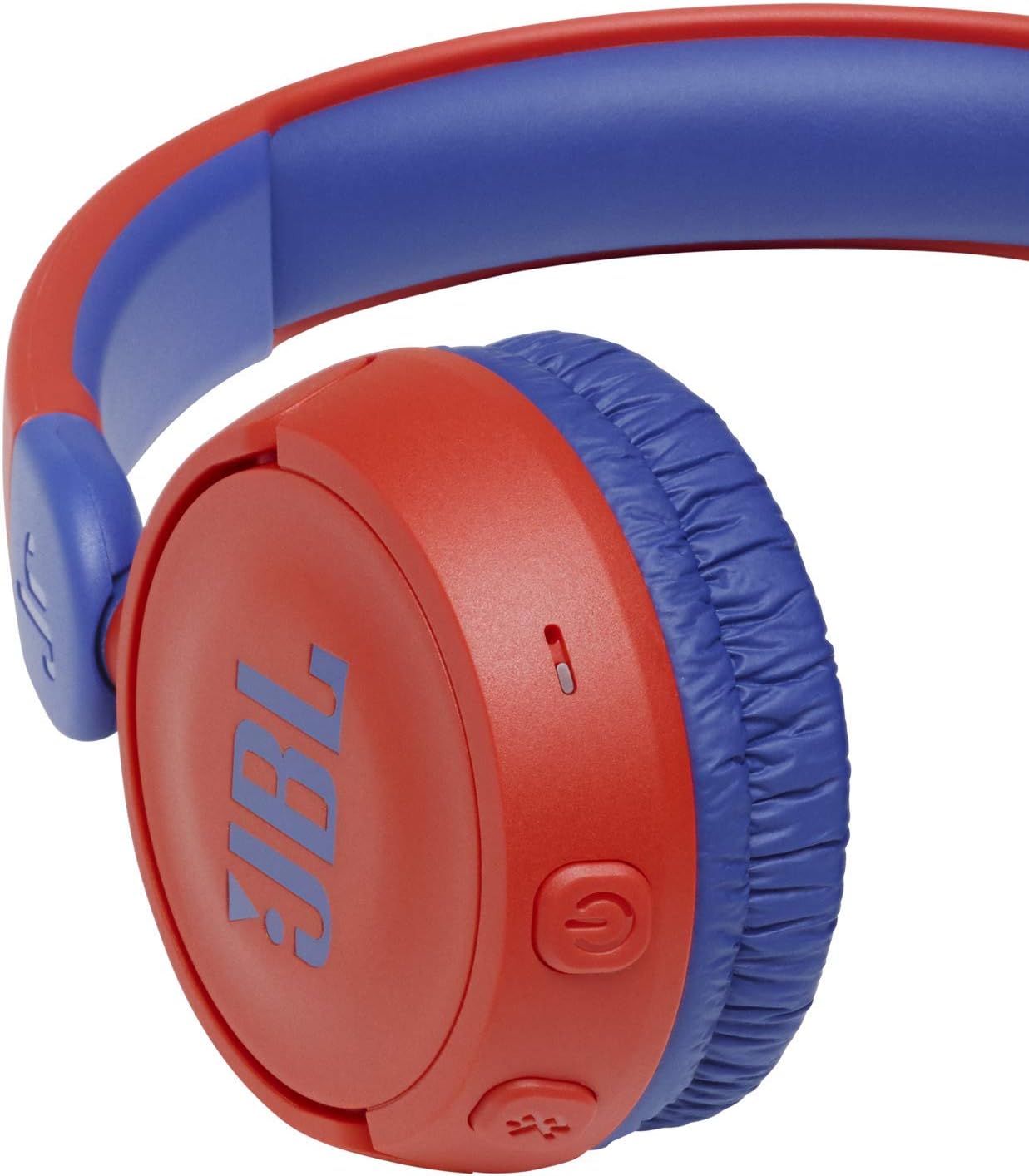 Fone de ouvido infantil JBL JR310BT vermelho com azul, close nos botões de ligar e Bluetooth.