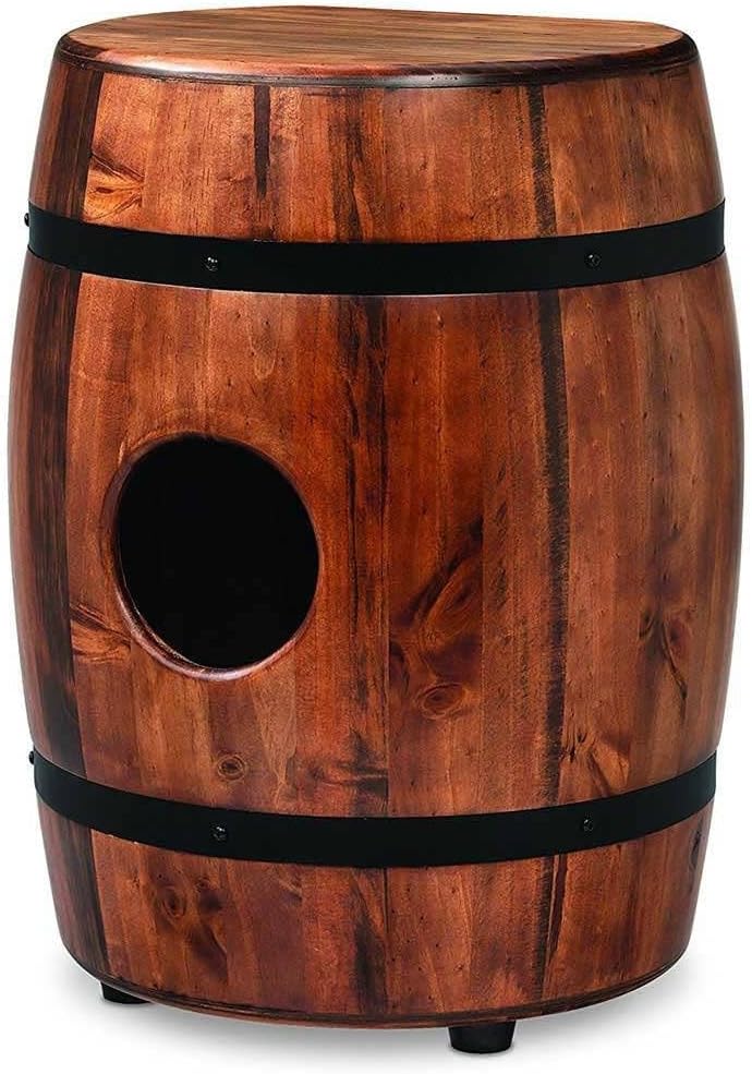 Cajon Latin Percussion M1406WB em madeira com orifício lateral, formato barril arredondado e faixas pretas
