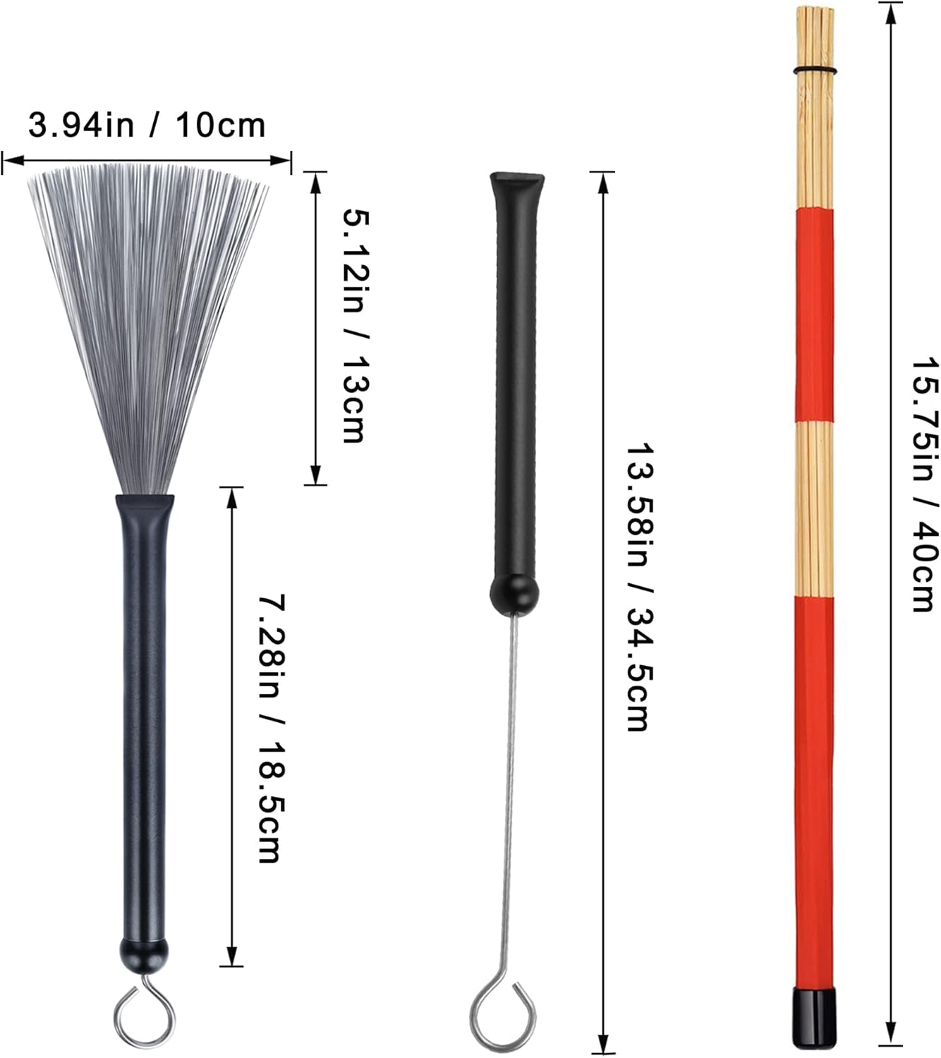Escovas retráteis para bateria Meideal com medidas específicas das cerdas, cabos e varas para jazz, folk e rock.