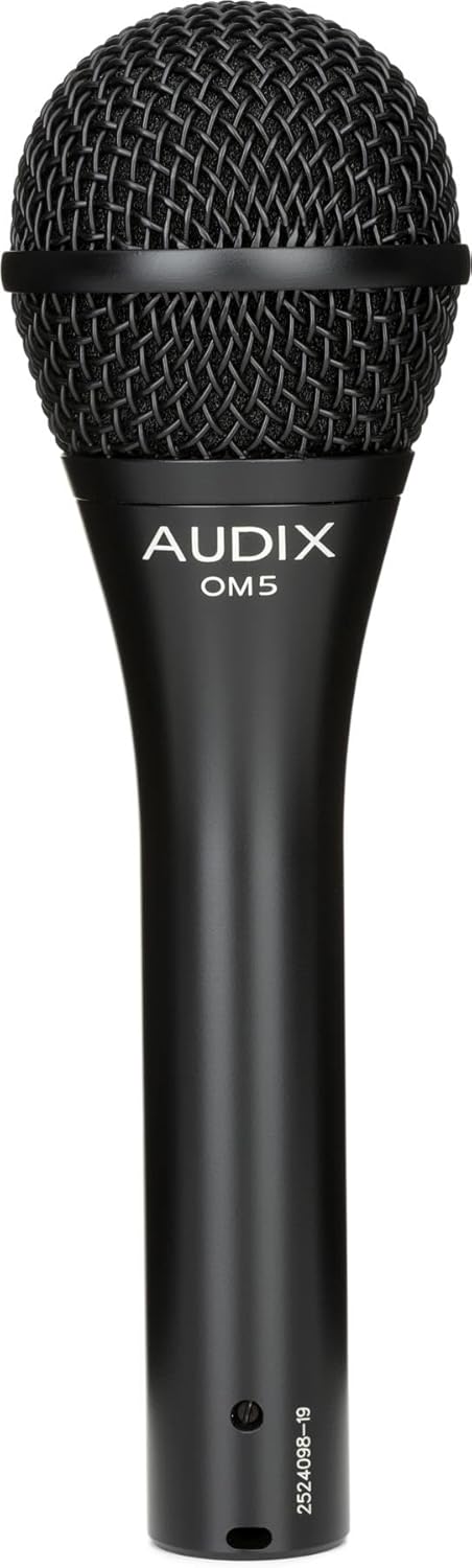 Microfone dinâmico vocal Audix OM5 preto com grade metálica e corpo cilíndrico.