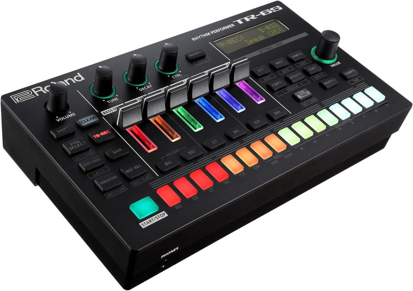 Roland TR-6S bateria eletrônica compacta vista frontal angular mostrando controles coloridos e tela LCD.
