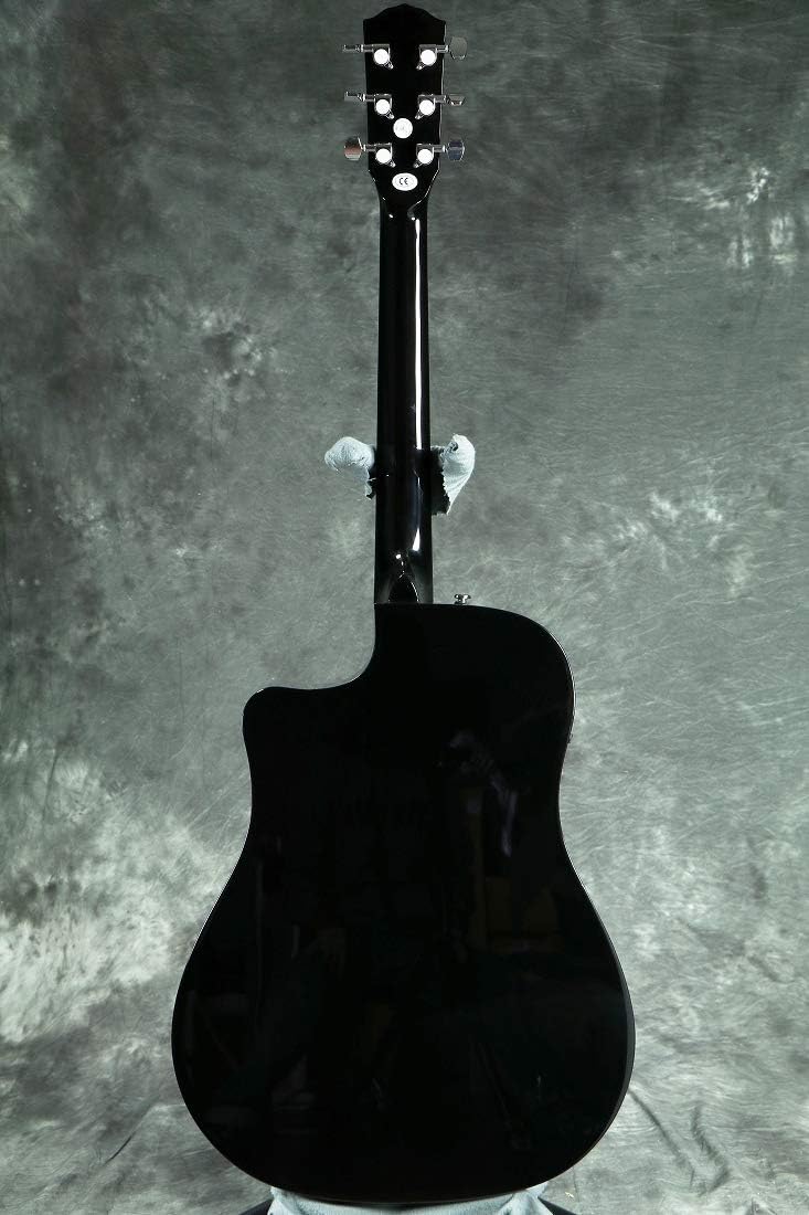 Vista traseira do violão Fender CD-60SCE Dreadnought preto com acabamento brilhante e tarraxas cromadas