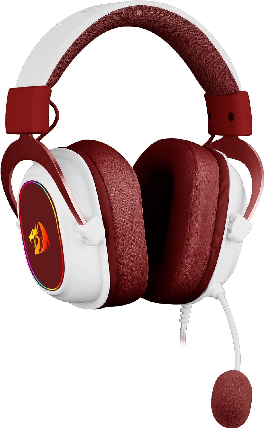 Headset gamer Redragon Zeus X branco e vermelho com microfone e almofadas acolchoadas.