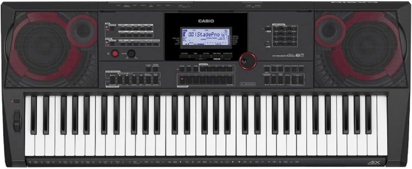 Teclado Casio CT-X5000 com 61 teclas sensíveis ao toque, painel completo e alto-falantes integrados.