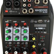 Mesa de som mixer SoundVoice Bluetooth USB 4 canais MC4-BT com controles de ganho, equalização, delay e conexões diversas para áudio profissional.