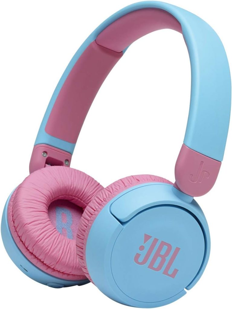 Fone de ouvido infantil JBL JR310BT Bluetooth azul com almofadas acolchoadas rosa