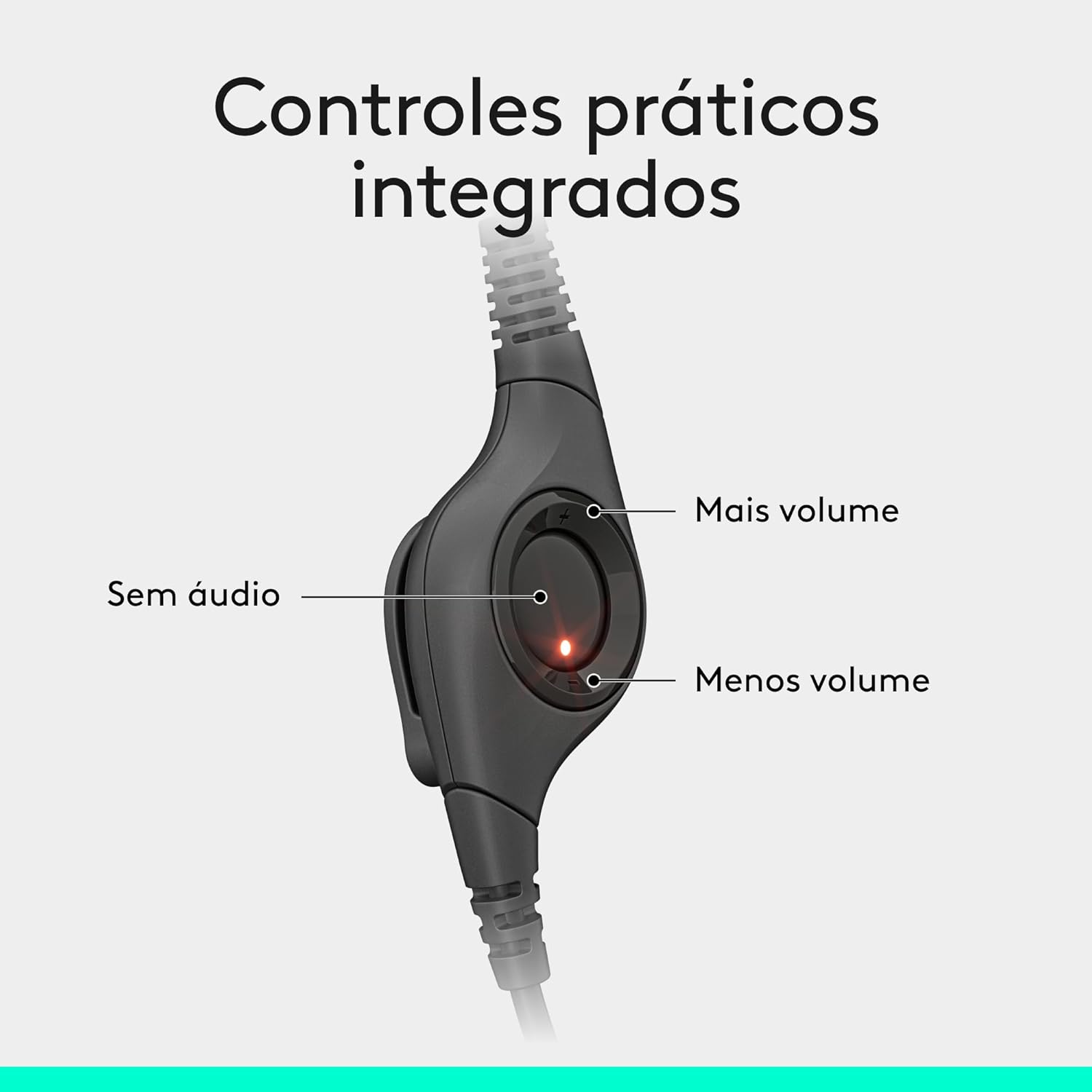 Controles práticos integrados no cabo do headset Logitech H390 para volume e mudo