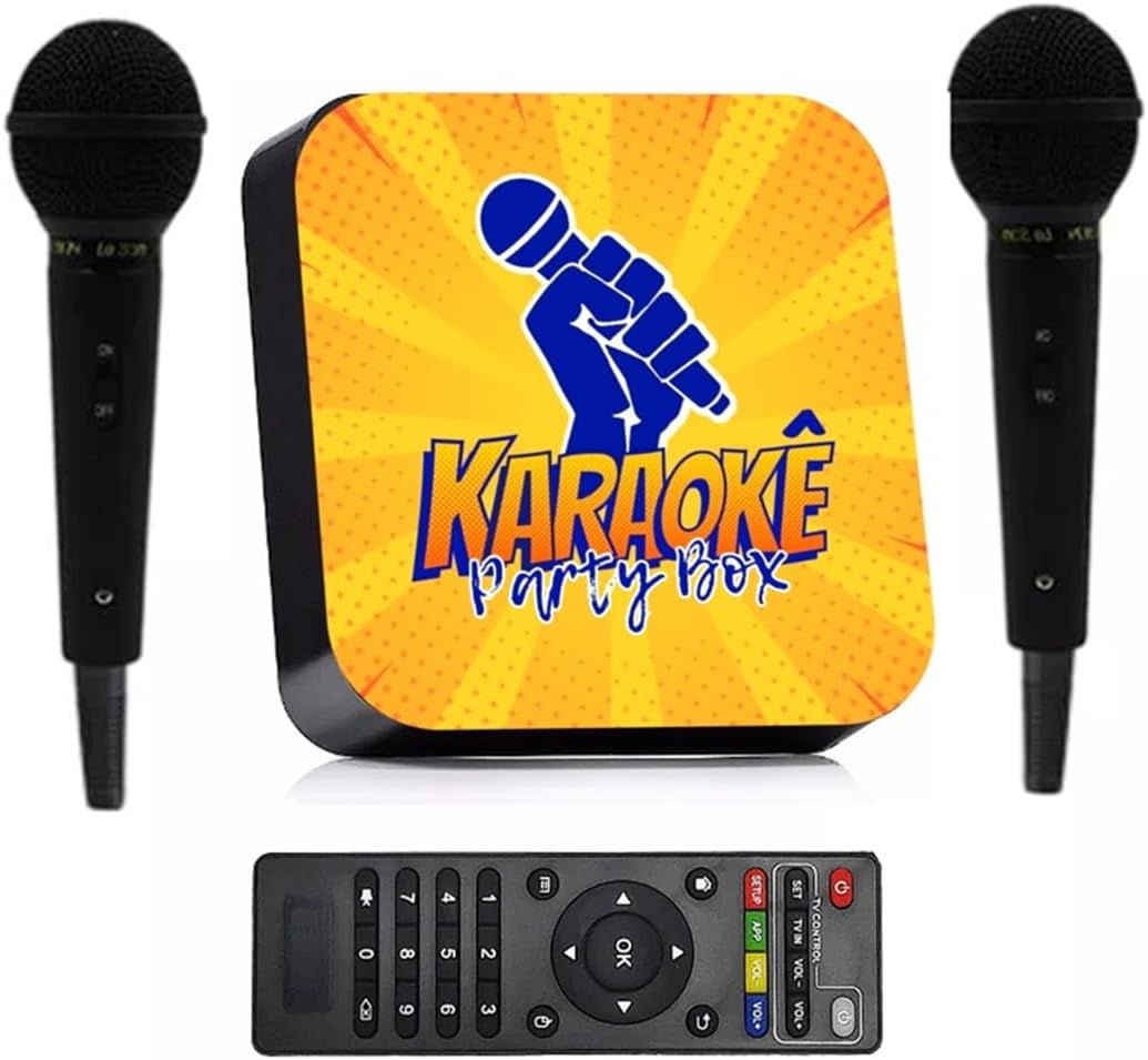 Karaoke party box com dois microfones, controle remoto e caixa amarela e preta.