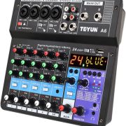 Mixer de áudio portátil TEYUN A6 com 6 canais, controles de ganho e equalização, conexão USB e placa de som integrada