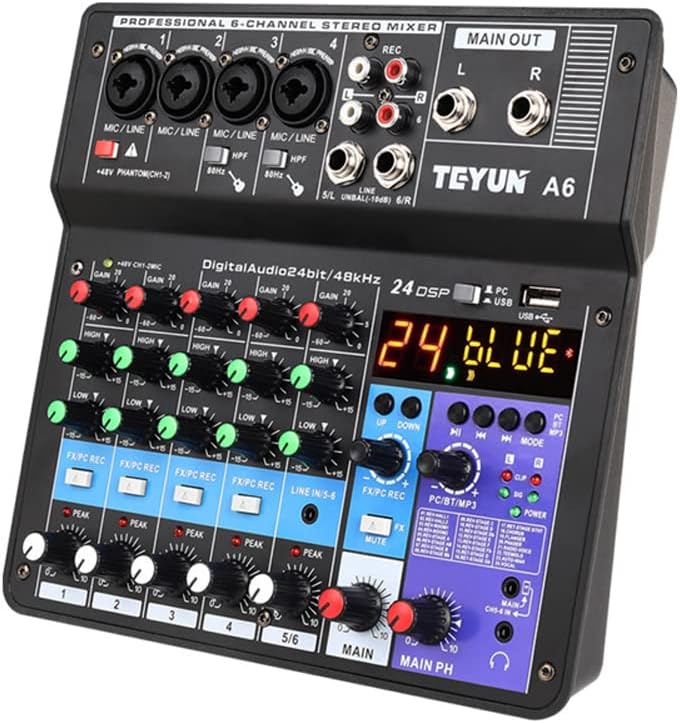 Mixer de áudio portátil TEYUN A6 com 6 canais, controles de ganho e equalização, conexão USB e placa de som integrada
