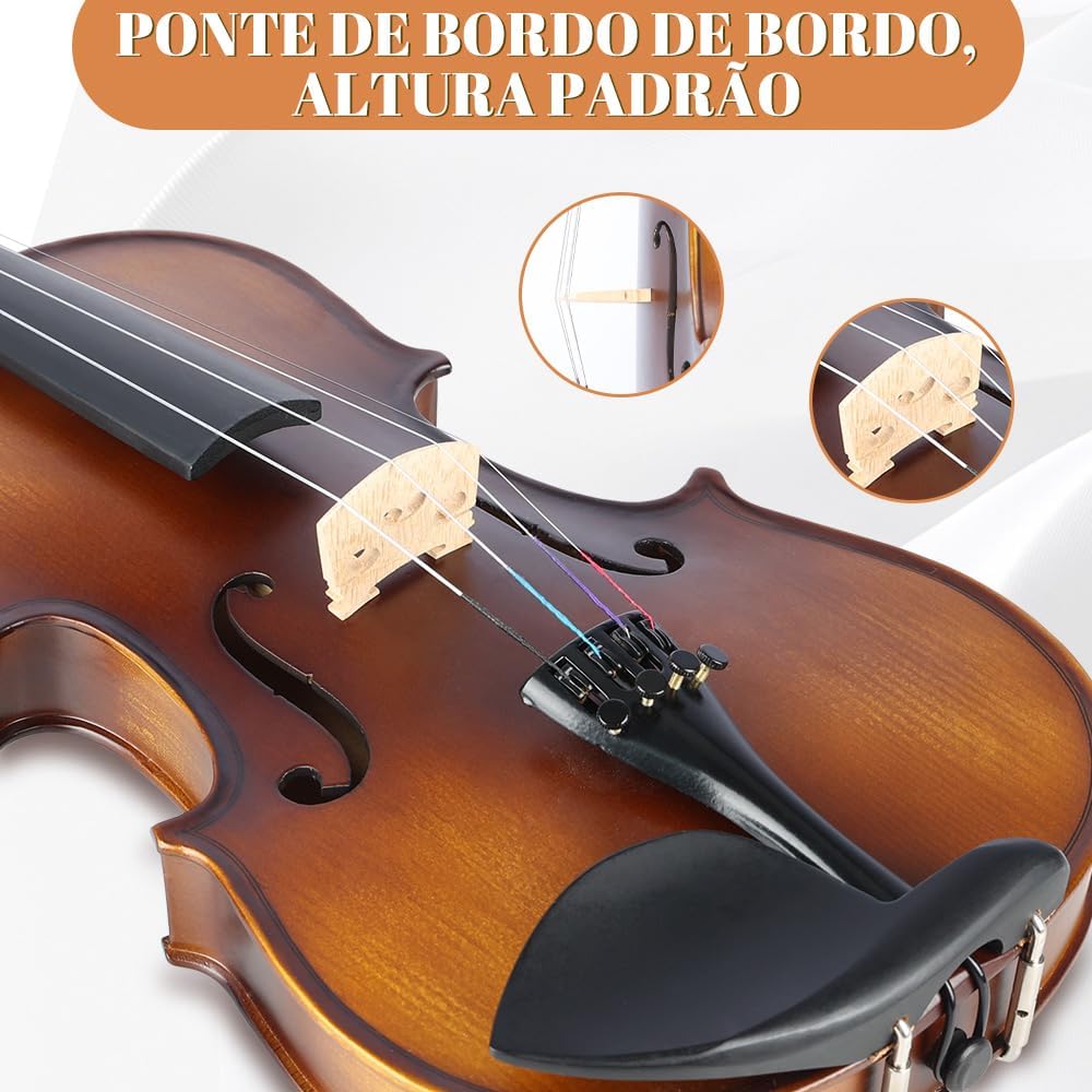 Ponte padrão do violino 3/4 Xalhar detalhada com cavalete em madeira clara e cordas montadas.