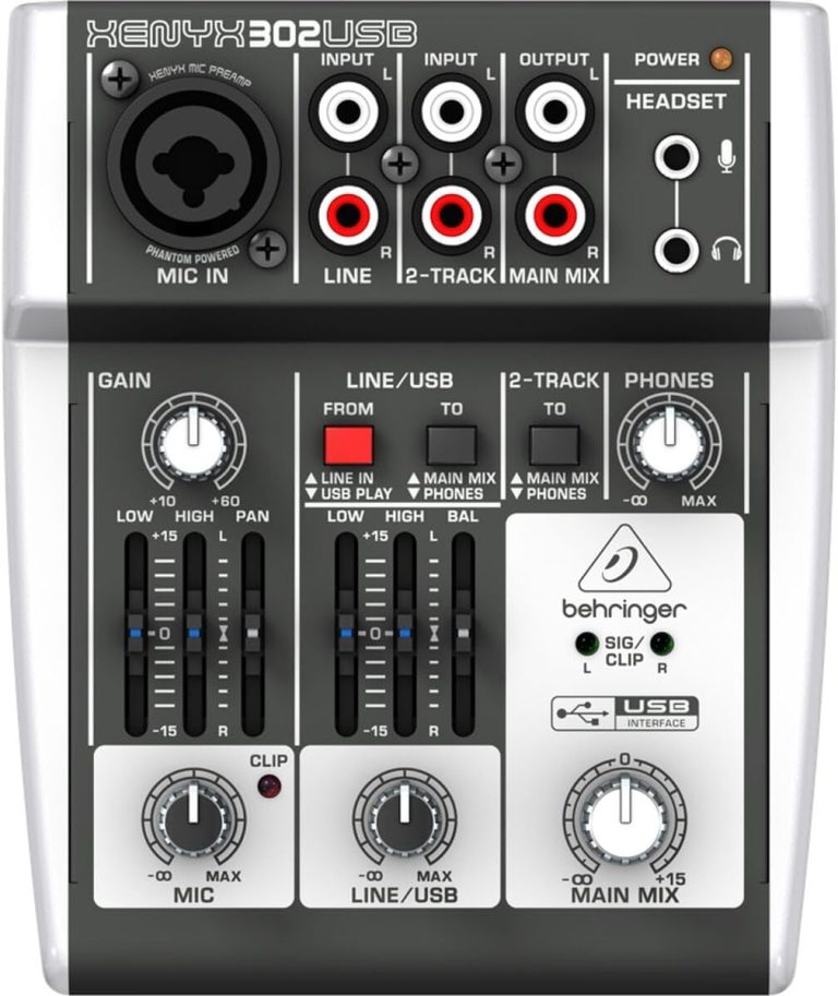 Mesa de som analógica Behringer Xenyx 302USB com entradas XLR, RCA, controles de ganho, equalização, pan, volumes e interface USB
