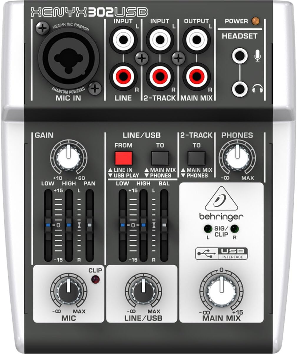 Mesa de som analógica Behringer Xenyx 302USB com entradas XLR, RCA, controles de ganho, equalização, pan, volumes e interface USB