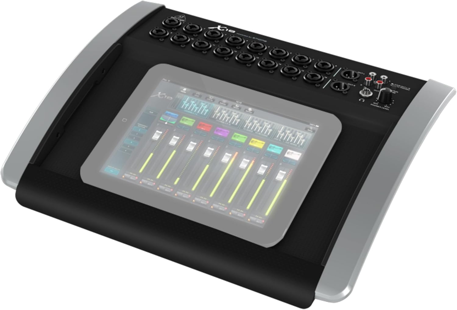 Mesa de som digital Behringer X AIR X18 vista em perspectiva com 16 entradas e interface digital colorida
