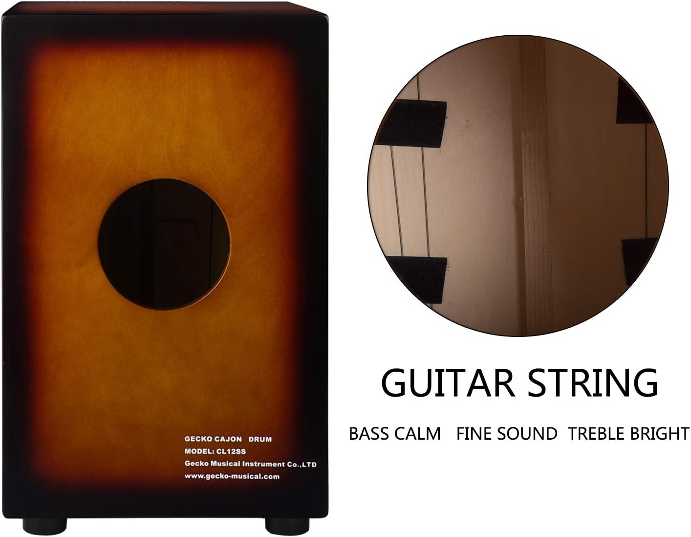 Cajon GECKO BOX com cordas estilo guitarra para som suave e agudos brilhantes, acabamento degradê marrom