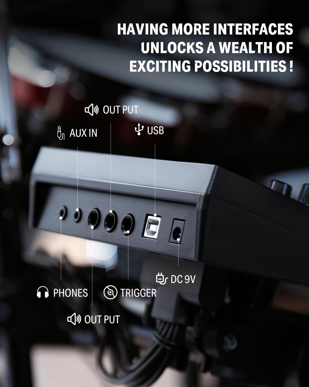 Conexões do módulo de som Donner DED-200 MAX com USB, AUX, saída áudio, fones e DC 9V