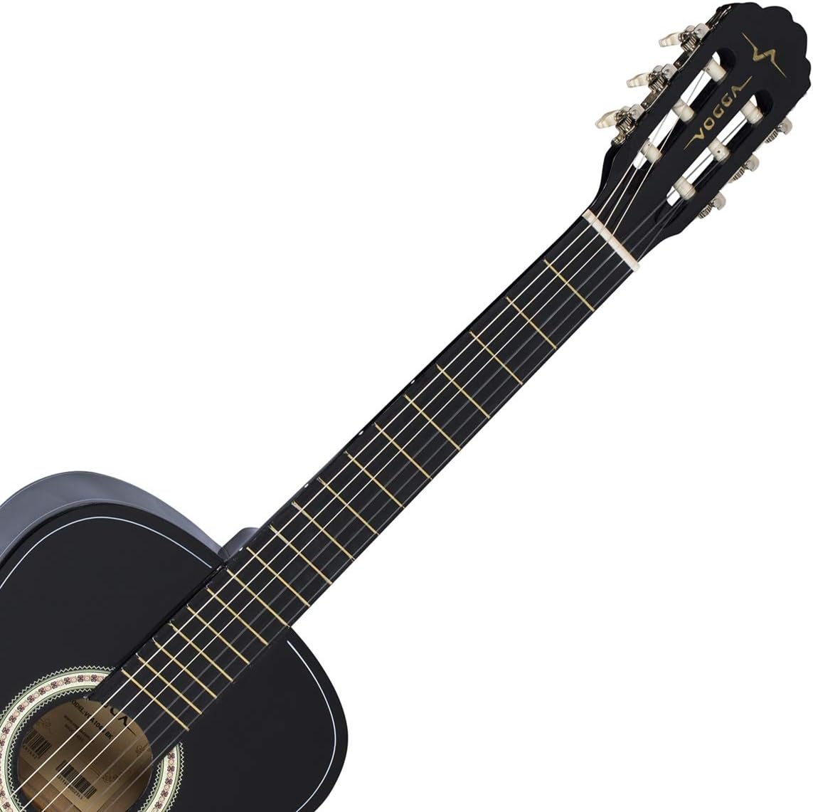 Detalhe do braço e cabeça do violão clássico Vogga VCA104N BK preto.