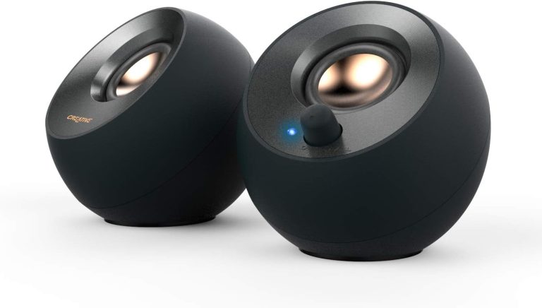 Creative Labs Pebble V2 Caixa de Som 2.0 USB Tipo C Preta 4W RMS - Par de caixas esféricas pretas com alto-falantes frontais dourados