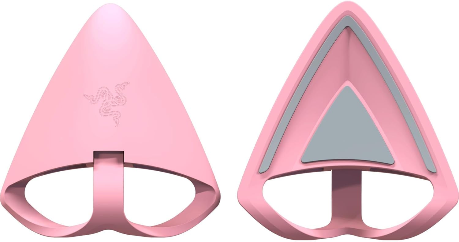 Acessórios para fone Razer Kitty Ears V2 em silicone rosa com logo e detalhes cinza