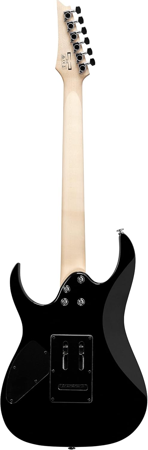 Parte traseira da guitarra elétrica Ibanez GRG170DX preto brilhante com braço claro e corpo Basswood