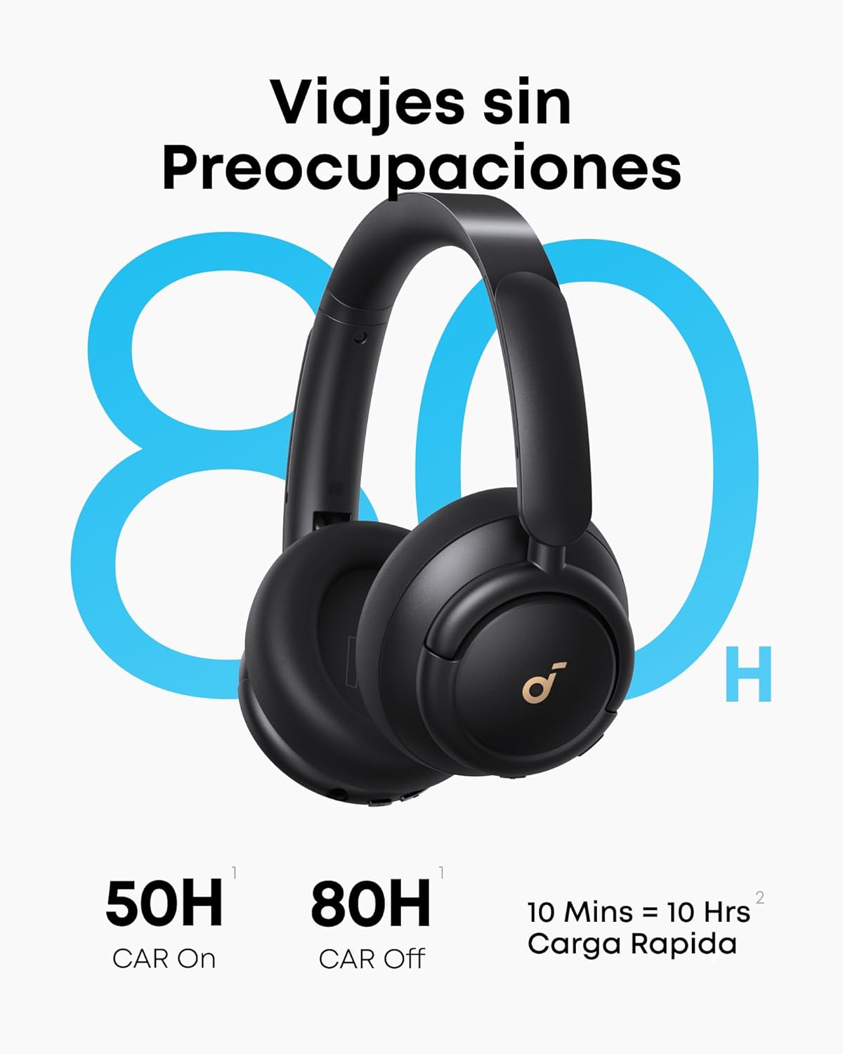 Fone Soundcore Q30 preto com bateria de longa duração, até 80 horas, e recarga rápida, texto em espanhol.
