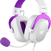 Fone de ouvido gamer Havit HV-H2002d branco com detalhes roxos e microfone flexível roxo
