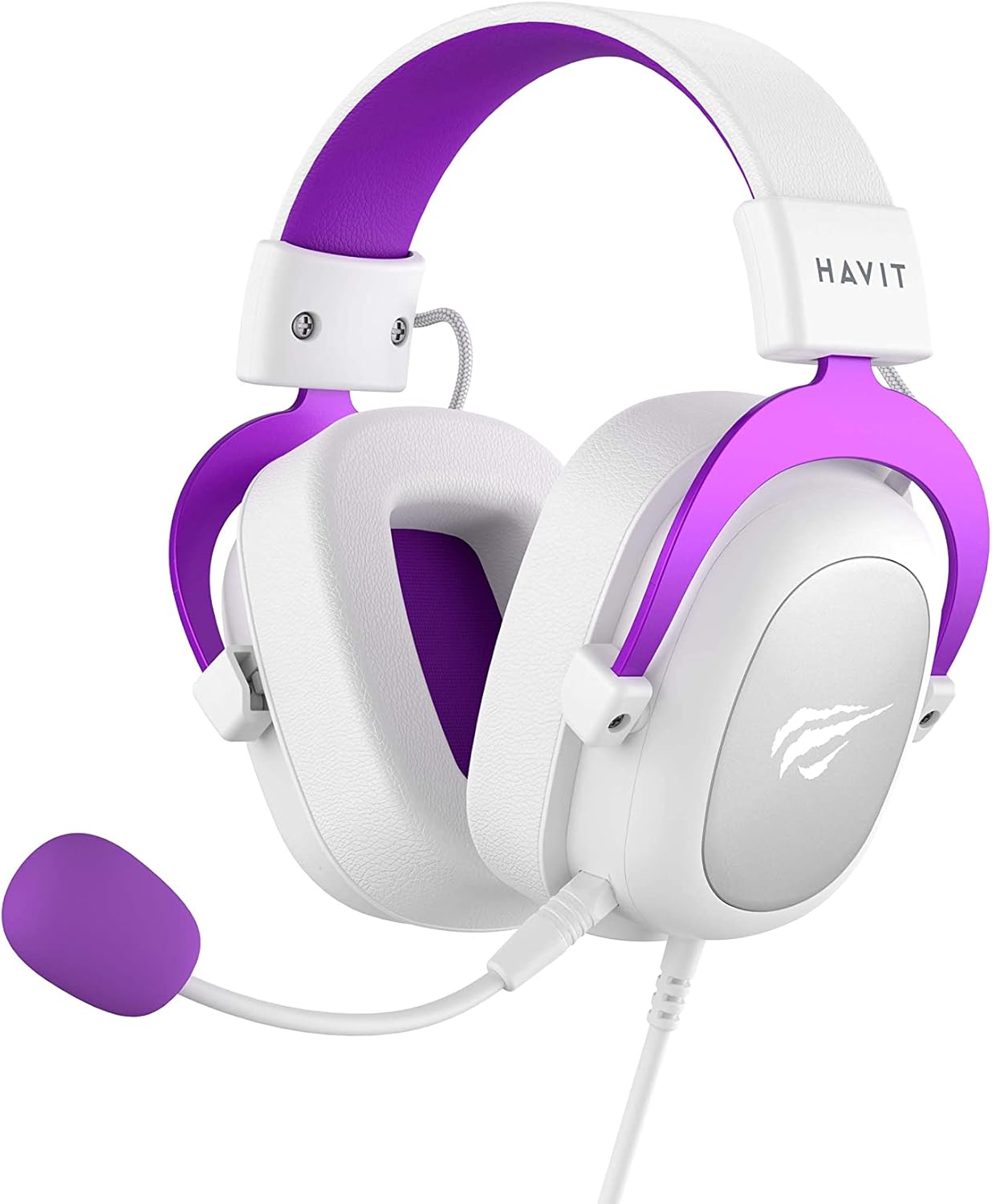 Fone de ouvido gamer Havit HV-H2002d branco com detalhes roxos e microfone flexível roxo