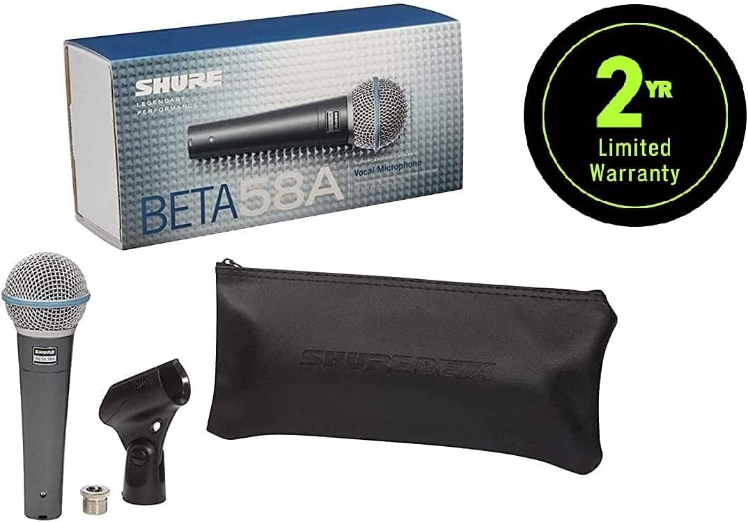 Kit completo do microfone Shure Beta 58A com microfone, estojo, suporte, adaptador e caixa, incluindo garantia de 2 anos.