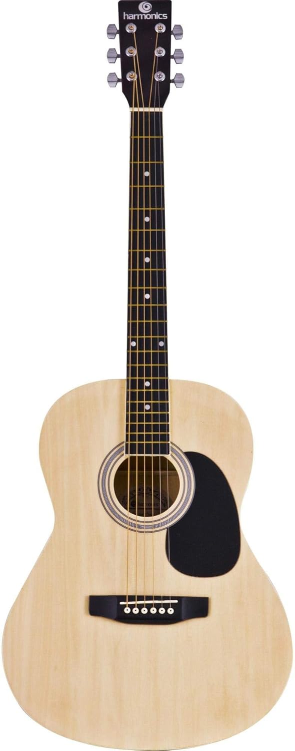 Violão acústico Harmonics GS-11 com tampo natural visto de frente, com escudo preto e tarraxas cromadas.