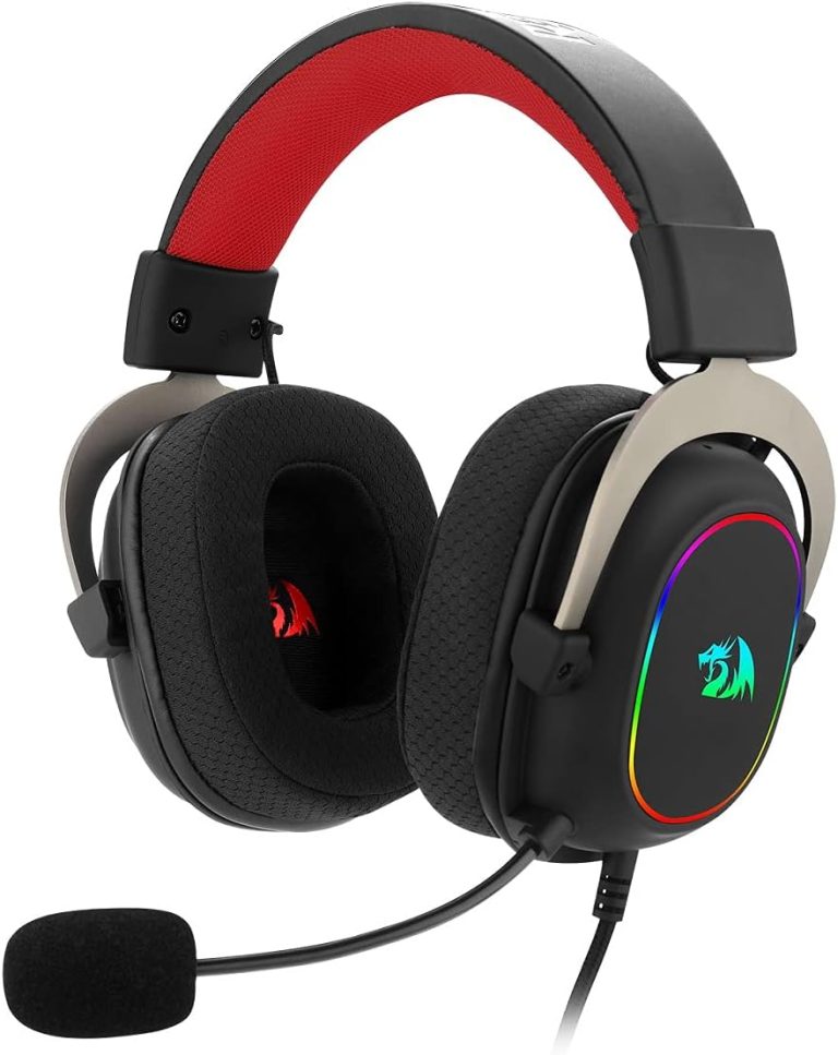 Redragon Zeus X H510-RGB Headset Gamer preto com detalhes vermelhos, microfone flexível e iluminação RGB colorida nas conchas auriculares.