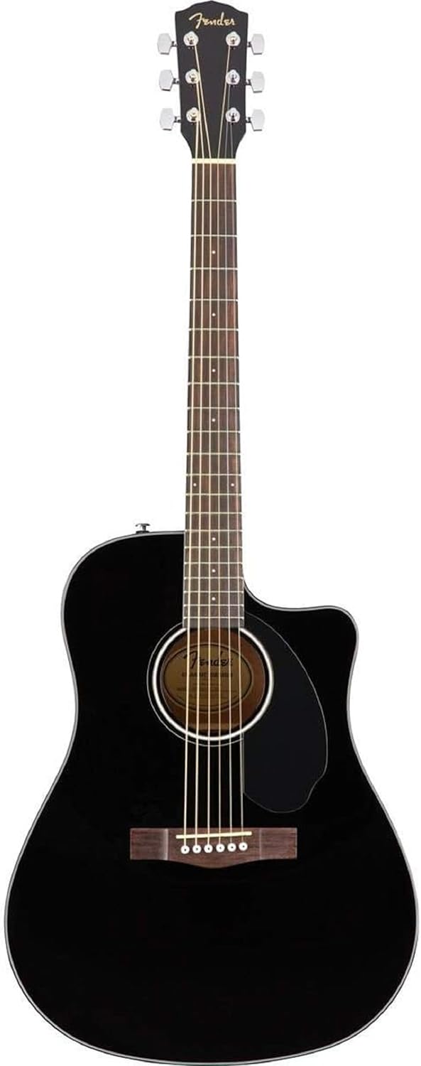 Violão Fender CD-60SCE Dreadnought preto com tampo de abeto, vista frontal com cutaway e tarraxas cromadas