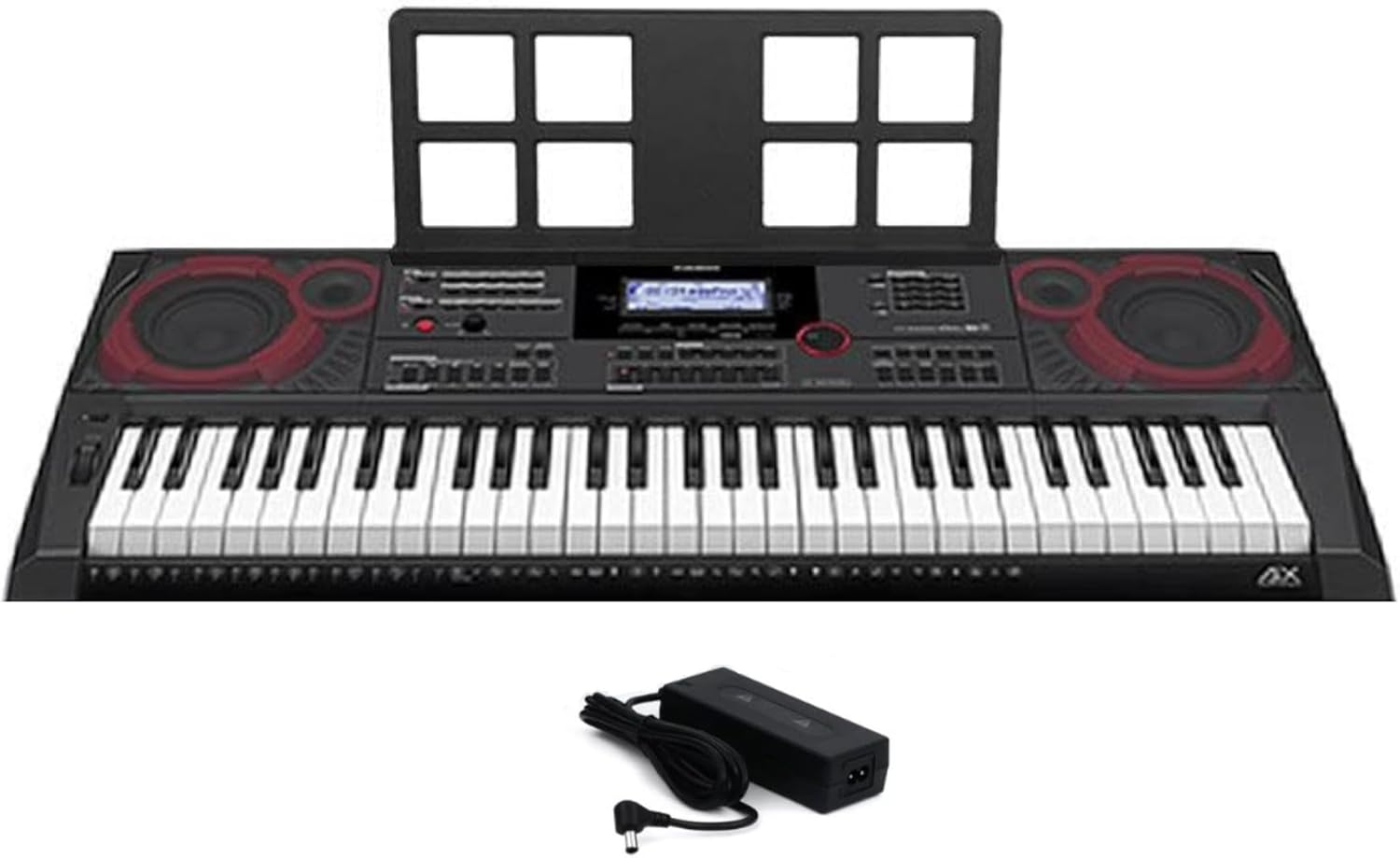 Teclado Casio CT-X5000 com 61 teclas sensíveis ao toque, painel multifuncional e suporte para partituras.