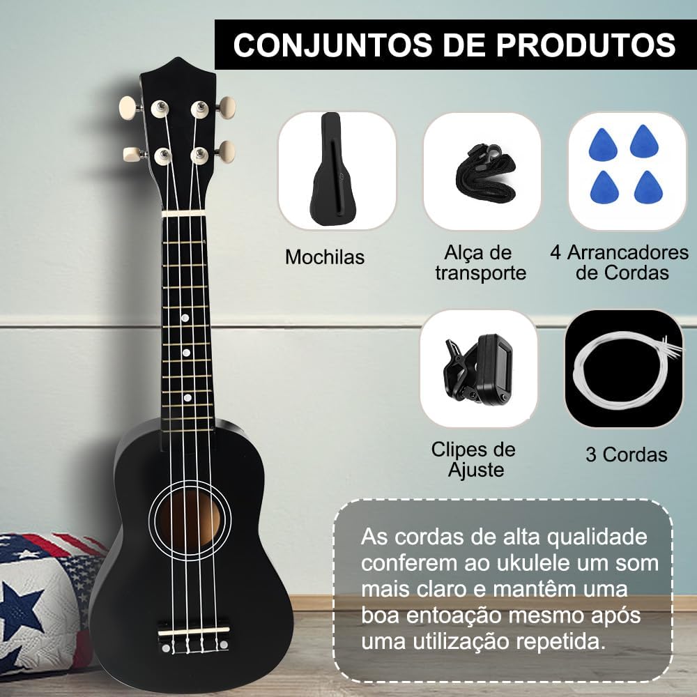 Acessórios inclusos no ukulele Daboza 21 polegadas acústico soprano preto