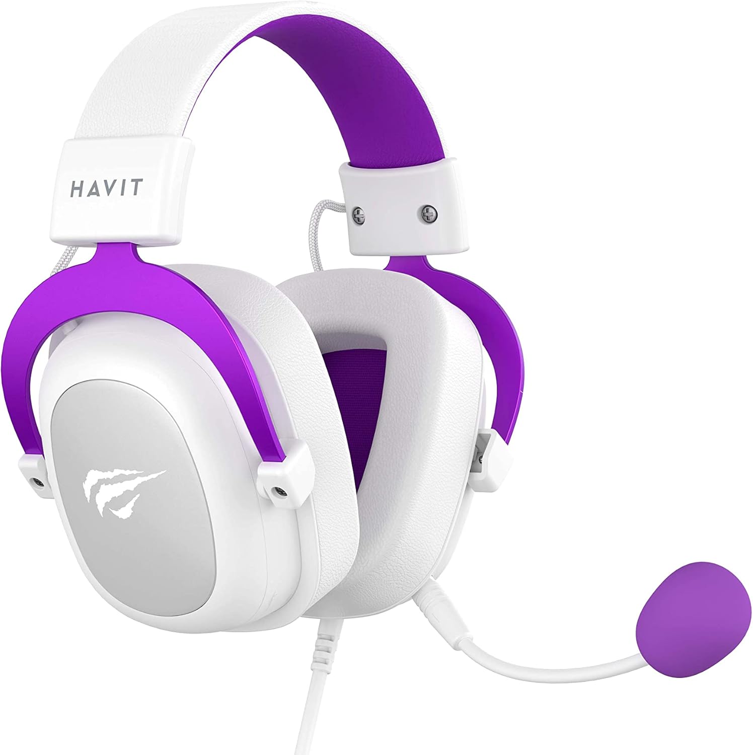Headset gamer Havit HV-H2002d branco com detalhes roxos, microfone flexível e almofadas grandes